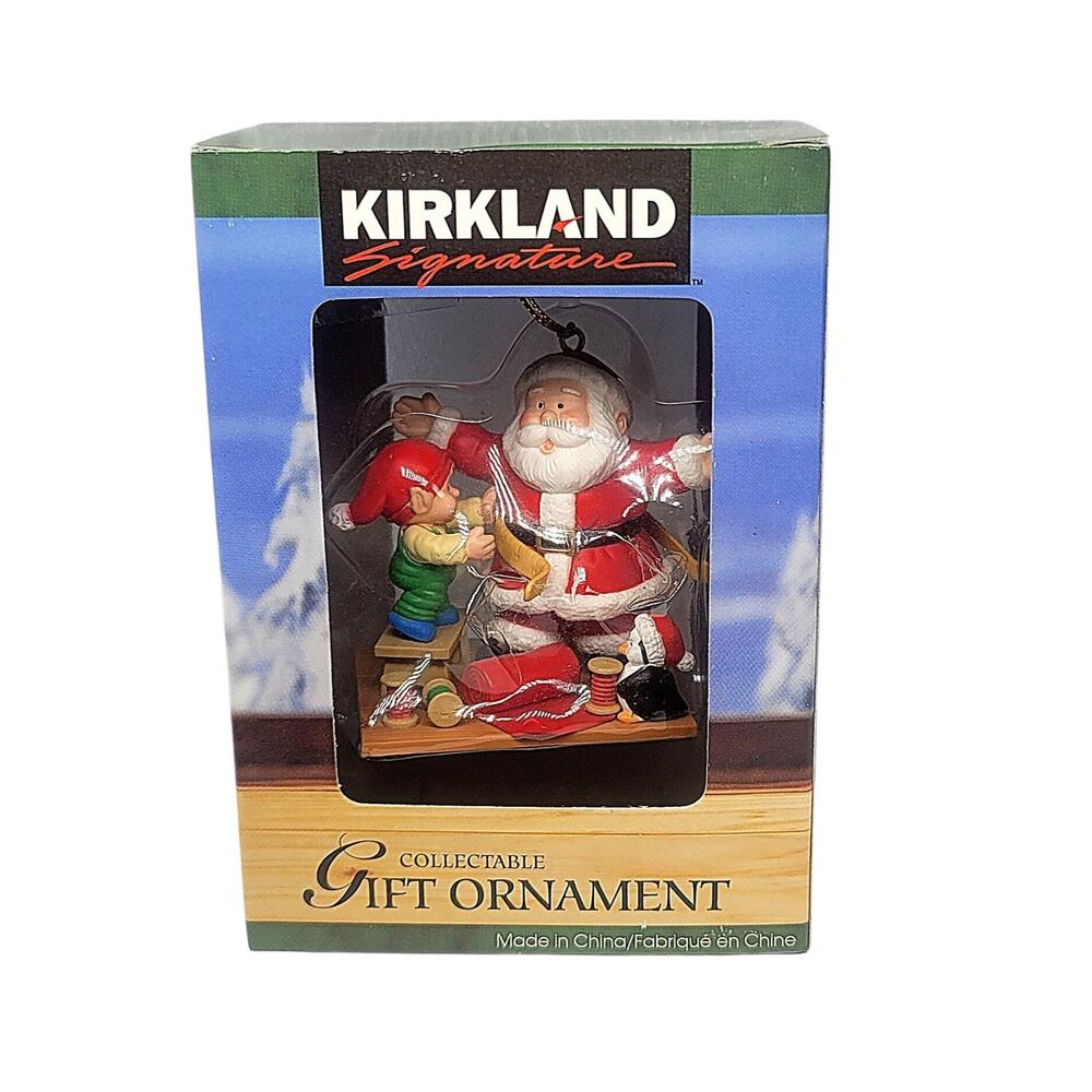 Vintage 1997 Westmar Christmas Ornament Santa Being Measured For New Suit By Elf